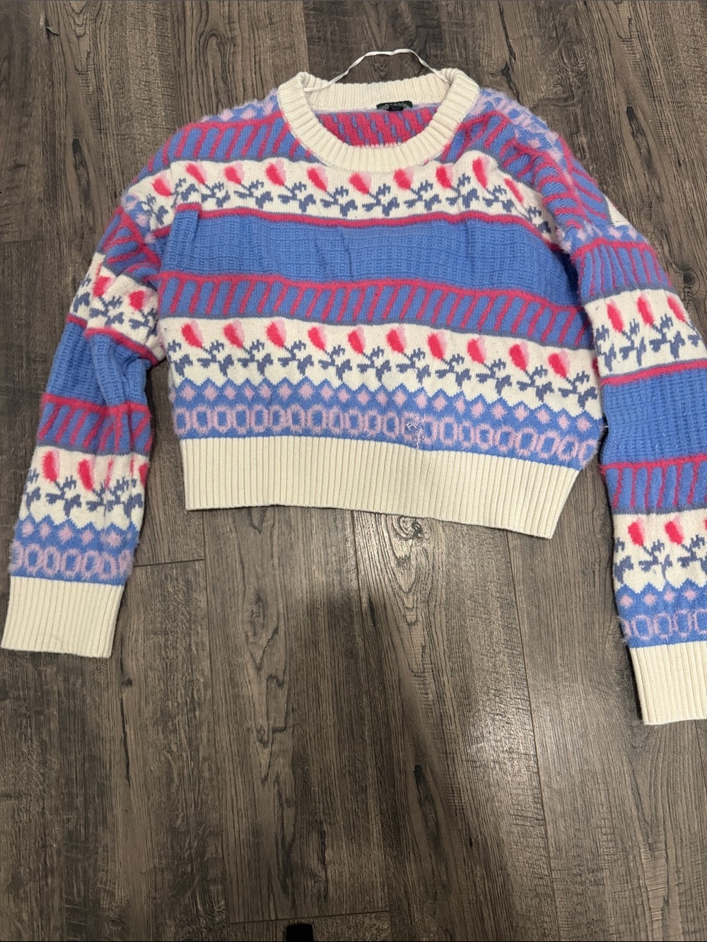 wild fable Cropped Fair Isle Sweater - Cream, Blue & Pink